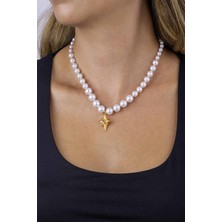 Gümüş Pazarım Yıldız Figürlü Inci Taneli Altın Kaplama Kadın Çelik Kolye