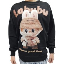 Erkek Çocuk /kız Çocuk Labubu Desenli Oversize Kalıp Siyah Sweatshirt