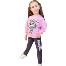 Kız Çocuk Labubu Resim Yazılı Pembe Eşofman Takımı