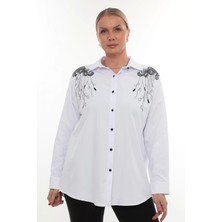 Tasarım Büyük Beden Kadın Nakışlı Gömlek Uzun Kollu Düğmeli Rahat Şık Kombinlere Uygun