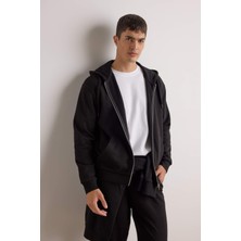 DeFacto Comfort Fit Kapüşonlu İçi Yumuşak Tüylü Basic Düz Cepli Kalın Fermuarlı Sweatshirt D7599AX25AU