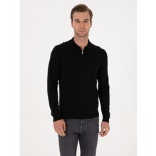 Cacharel Erkek Siyah Regular Fit Yün Karışımlı Fermuarlı Polo Yaka Basic Triko Kazak 50315297-VR046