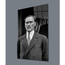 Atatürk Portre Siyah Beyaz Cam Tablo Hediyelik Büyük Tablo Ev Ofis Dekoru