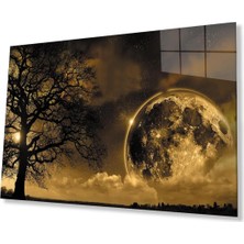 Dünya Ay Ağaç Gece Manzaralı Fütüristik Cam Tablo 4mm Dayanıklı Temperli Cam Earth Moon Tree Night