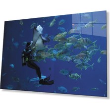 Dalgıç Balık Sualtı Cam Tablo 4mm Dayanıklı Temperli Cam Diver Fish Underwater Glass Wall Art