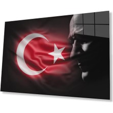 Atatürk Bayrak Atatürk Silüetli Gölgesiz Siyah Fonlu Cam Tablo 4mm Dayanıklı Temperli Cam Atatürk