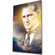 Atatürk Portre ve Türk Bayrağı Cam Tablo Modern Ev Ofis Salon Hediyelik Büyük Tablo Duvar Dekoru