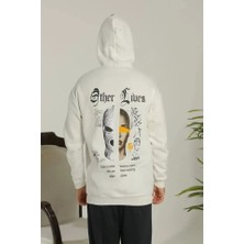 Erkek Sırt Baskılı Oversize Üç Iplik Kapüşonlu Sweatshirt - Beyaz