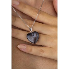 Gümüş Pazarım Kalp Kesim Orijinal Damarlı Akik Doğal Taş Çelik Zincirli Kadın Kolye