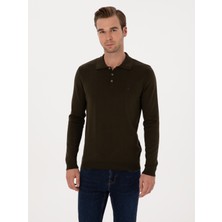 Cacharel Erkek Haki Regular Fit Pamuk Karışımlı Polo Yaka Basic Triko Kazak 50318673-VR027