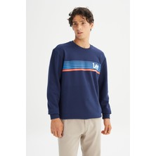Regular Fit Normal Kesim Bisiklet Yaka Baskılı Lacivert Sweatshirt