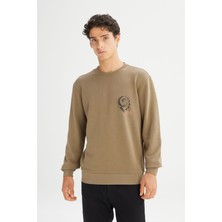Regular Fit Normal Kesim Bisiklet Yaka Baskılı Haki Sweatshirt