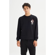 Regular Fit Normal Kesim Bisiklet Yaka Baskılı Siyah Sweatshirt