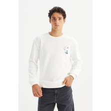 Regular Fit Normal Kesim Bisiklet Yaka Baskılı Kırık Beyaz Sweatshirt