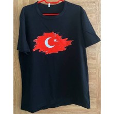 Edwol Türk Bayraklı Baskılı Siyah Erkek Unisex Tişört T-Shirt
