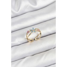 Pirinç Gold Renk Zirkon Taşlı Mavi Çiçekli Kadın Yüzük