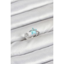 Pirinç Gümüş Renk Mavi Yıldızlı Model Kadın Yüzük