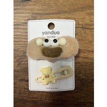 Kız Çocuk Kahve Tonlarında 2'li Pelüş Toka Figür Peluş Pensli Toka