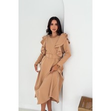 Neşeli Butik Kadın Kol Fırfırlı Kemerli Midi Boy Elbise NBK4309