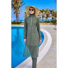 Haki Tam Kapalı Mayo M2508-3 – Tül Detaylı, Sabitlemeli M2508-3