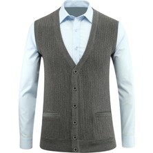 Erkek Düğmeli Yelek Cepli Desenli Çelik Örgü Klasik Kalıp - 5212L