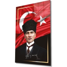 Atatürk Portre ve Türk Bayrağı Cam Tablo Modern Ev Ofis Salon Hediyelik Büyük Tablo Duvar Dekoru