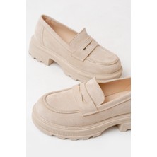 746-759 Bej Süet Günlük Yüksek Tabanlı Loafer Ayakkabı