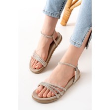 1001-1100 Bej Gümüş Taşlı Günlük Kadın Sandalet