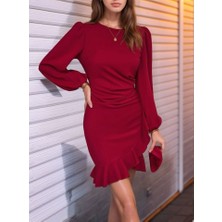 Kadın Uzun Kollu Bisiklet Yaka Önden Volanlı Ithal Krep Elbise