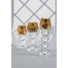 Sarı Kristal Cam Mumluk Şamdan 3'lü Set – El Işçiliği Lotus Başlık, Farklı Boylar