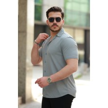 Erkek Apaç Yaka Örme Kumaş Kısa Kollu Gömlek