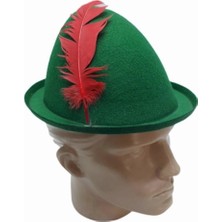 Bfs   Yeşil Renk Kırmızı Tüylü Peter Pan Şapkası Robin Hood Şapkası 24X23 cm