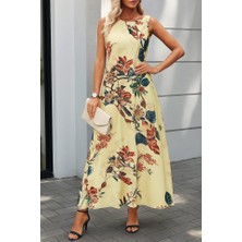 Gökyüzü Moda Kadın Askılı Yuvarlak Yaka Cepli Desenli Süprem Elbise