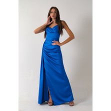 Saks Gümüş Askı Detaylı Yırtmaçlı Straplez Abiye 0801023.26