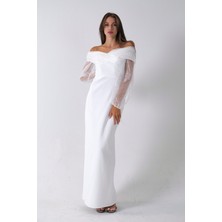 Beyaz Organze Kol Detaylı Kayık Yaka Abiye 0801086.15