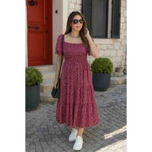 Kadın Kısa Kollu Gipe Detaylı Desenli Midi Süprem Elbise, Kırmızı Gül Figürlü Kolye Hediye