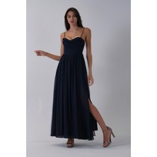 Lacivert Askılı Drapeli Uzun Şifon Abiye 08020032.02