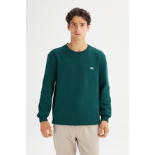 %100 Pamuk Regular Fit Normal Kesim Bisiklet Yaka Koyu Yeşil Sweatshirt