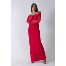 Kırmızı Organze Kol Detaylı Kayık Yaka Abiye 0801086.08
