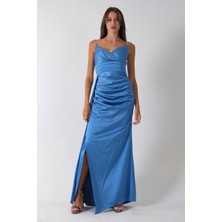 Indigo Gümüş Askı Detaylı Yırtmaçlı Straplez Abiye 0801023.98