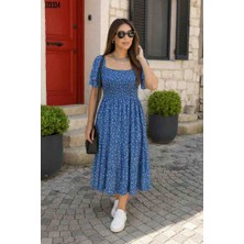 Kadın Kısa Kollu Gipe Detaylı Desenli Midi Süprem Elbise, Kırmızı Gül Figürlü Kolye Hediye