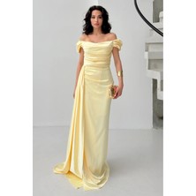Sarı Drape Detaylı Saten Kumaş Abiye Elbise 9704858.11