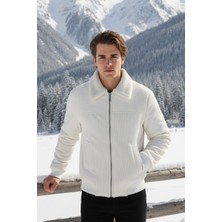 Erkek Klasik Yaka Fermuarlı Beyaz Kadife Ceket