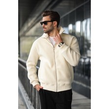 Beyaz Fermuarlı Dik Yaka Erkek Polar Hırka E7166