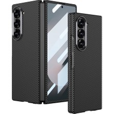 Galaxy Z Fold 6 Kılıf Kamera Korumalı Karbon Fiber Tasarımlı Arka Yüzey Ata Kıpta Karbon Kapak-Siya