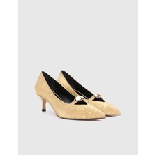 Lucida Hakiki Deri Kumaş Altın Renk Kadın Topuklu Ayakkabı