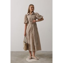 Balon Kol Kemerli Brode Elbise - Taş