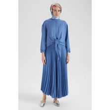 Armine Trend Pileli Etekli Kolları Lastikli Belden Kurdele Detaylı Etekli İkili Takım-Mavi 25YT656