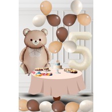 5 Yaş Retro Folyo Karamel Ayıcık Kahverengi Ten Kum Beji Balon Krem Rakam Doğum Günü Süsleme