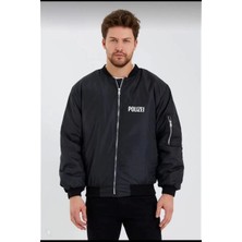 Unisex Uzun Kol Baskılı Bomber Ceket - Siyah